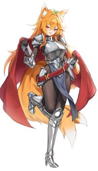  1girl absurdres animal_ears armor belt boots breastplate brown_gloves brown_pantyhose cape commission ellin_meiji faulds fox_ears fox_girl fox_tail full_body gloves greaves high_heel_boots high_heels highres leg_up long_hair looking_at_viewer loose_belt muhae_(dcnh8882) open_mouth orange_hair original pantyhose pauldrons pelvic_curtain red_cape red_eyes shoulder_armor simple_background smile solo standing standing_on_one_leg tail vambraces very_long_hair white_background 