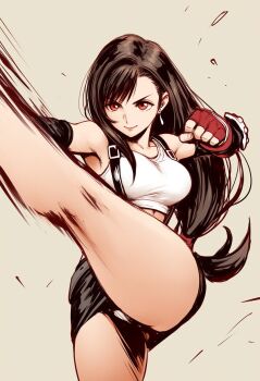  1girl bare_shoulders black_hair black_skirt breasts closed_mouth collarbone earrings female_focus final_fantasy final_fantasy_vii fingerless_gloves gloves highres jei_games jewelry kicking large_breasts legs long_hair low-tied_long_hair panties red_eyes red_gloves sidelocks skirt smile solo square_enix suspenders tank_top thighs tifa_lockhart tomboy underwear upskirt white_tank_top  rating:Sensitive score:20 user:Inferno5J