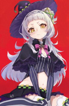  >:) 1girl arched_bangs between_legs black_capelet black_hat black_skirt bow bowtie breasts brooch buttons capelet cleavage commentary_request cone_hair_bun cropped_shirt faux_traditional_media foot_out_of_frame from_below frown grey_hair grey_shirt grey_thighhighs hair_bun hair_ornament hairband hand_between_legs hat highres hololive jewelry long_hair long_sidelocks long_sleeves looking_at_viewer looking_down lowleg lowleg_skirt midriff miniskirt murasaki_shion murasaki_shion_(1st_costume) nyucha painterly pink_bow pink_bowtie pout red_background shirt short_eyebrows side_up_bun sidelocks simple_background single_side_bun sitting skirt small_breasts solo star_brooch striped_clothes striped_shirt striped_thighhighs thighhighs tilted_headwear triangle_hair_ornament v-shaped_eyebrows v_arms vertical-striped_clothes vertical-striped_shirt vertical-striped_thighhighs virtual_youtuber wariza wide_hips witch_hat yellow_eyes 
