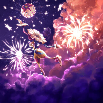  absurdres aerial_fireworks blacephalon cloud commentary disembodied_head english_commentary fireworks friedunicornstudio full_body gen_7_pokemon highres nintendo pokemon pokemon_(creature) pokemon_focus solo standing standing_on_one_leg star_(sky) ultra_beast 