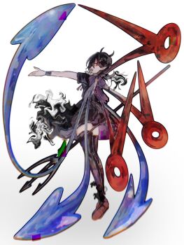  1girl asymmetrical_wings black_dress black_hair black_thighhighs blue_wings brown_shoes commentary_request distortion dress from_behind full_body highres holding holding_polearm holding_weapon houjuu_nue looking_at_viewer looking_back mitsusame open_mouth pointy_ears polearm red_eyes red_wings shoes short_hair simple_background smile solo thighhighs touhou trident weapon white_background wings 