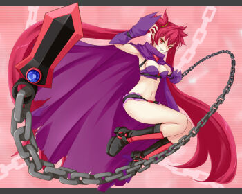  1girl aq_interactive arcana_heart arcana_heart_3 atlus bad_id bad_pixiv_id bikini boots cape chain examu female_focus knee_boots long_hair matsuoka_yuki nanahan pink_background purple_bikini red_hair scharlachrot solo swimsuit twintails voice_actor_connection 