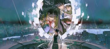  4boys :o backpack bag baseball_cap black_hair black_shirt blue_necktie brown_eyes carrying carrying_person character_request check_character child cityscape coat collared_shirt denim falling_paper grand_scale hand_up hat head_tilt highres jacket jeans kim_dokja knees_up lee_gilyoung looking_at_another looking_back male_focus multiple_boys multiple_persona necktie oldest_dream omniscient_reader's_viewpoint open_clothes open_coat outdoors pants plant portal_(object) rain reaching reaching_towards_another red_necktie river scenery shirt shoes short_hair size_difference sneakers tree white_coat yellow_jacket yusongrmdsuki 