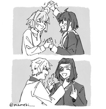  >_< 2boys 2girls anger_vein angry arcueid_brunestud business_suit ciel_(tsukihime) curtained_hair eyepatch fate/strange_fake fate_(series) fighting formal_clothes hair_intakes hansa_cervantes interlocked_fingers jester_karture jewelry mameki medium_hair middle_finger mole mole_under_eye monochrome motion_lines multiple_boys multiple_girls necklace nun open_mouth priest short_hair smile suit sweater trait_connection trembling tsukihime tsukihime_(remake) tunic turtleneck turtleneck_sweater vampire wing_collar 