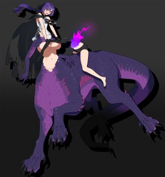  1girl areola_slip bare_shoulders bike_shorts bisected black_bow black_cape black_necktie black_thighhighs blush bow breasts cape centauroid claws commentary commission covering_breasts covering_privates english_commentary fire flat_chest floating_hair full_body fusion grey_background groin hair_between_eyes hair_bow highres holding holding_unworn_thighhighs kizuta_(barometz) large_breasts long_hair looking_down monster_girl multiple_legs navel necktie open_mouth original ponytail purple_fire purple_hair purple_scales red_eyes riding scales second-party_source shadow shirt sidelocks simple_background skeb_commission sleeveless sleeveless_shirt solo stomach sweat tail taur thighhighs topless_female unworn_thighhighs white_shirt 