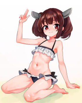  1girl absurdres arm_up bikini brown_hair commentary_request flat_chest frilled_bikini frills full_body headgear highres looking_at_viewer navel red_eyes short_hair sitting smile solo swimsuit touhoku_kiritan tsukiyono_aroe voiceroid 