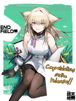  1girl absurdres arknights arknights:_endfield bare_shoulders black_gloves blue_eyes brown_leggings commentary congratulations copyright_name dress gloves grey_hair hashtag-only_commentary head_wings highres jacket leggings long_hair looking_at_viewer off_shoulder on_grass open_clothes open_jacket perlica_(arknights) s_4ik4 sitting sleeveless sleeveless_dress solo white_dress white_jacket wings 