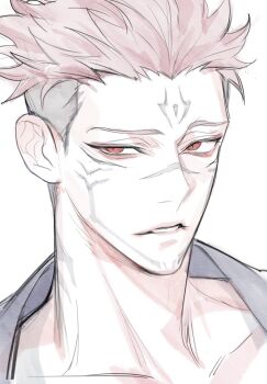  1boy black_hair commentary_request facial_tattoo forehead_tattoo highres jujutsu_kaisen kan_(forest_kan) male_focus multicolored_hair parted_lips pink_hair portrait red_eyes ryoumen_sukuna_(jujutsu_kaisen) short_hair simple_background solo tattoo teeth two-tone_hair undercut white_background 