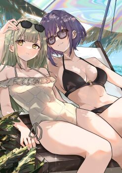  2girls arm_around_shoulder arm_up arms_at_sides bang_dream! bang_dream!_it's_mygo!!!!! bare_arms bare_shoulders beach_umbrella bikini black-framed_eyewear black_bikini blunt_bangs breasts brown-framed_eyewear casual_one-piece_swimsuit chair closed_mouth collarbone commentary_request cowboy_shot day eyewear_on_head frilled_one-piece_swimsuit frills green_hair groin halterneck hand_on_another's_head heads_together highres horizon houji_tea_latte long_hair looking_at_viewer lounge_chair medium_breasts multiple_girls navel o-ring o-ring_bikini o-ring_top ocean on_chair one-piece_swimsuit orange_eyes outdoors palm_tree plant purple_hair reclining short_hair side-by-side side-tie_one-piece_swimsuit simple_background sparkle stomach sunglasses swimsuit transparent transparent_umbrella tree tree_shade umbrella wakaba_mutsumi water yellow_eyes yuutenji_nyamu 