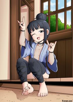 1girl \m/ artist_name barefoot black_hair black_leggings black_shirt blue_kimono blue_sky breasts collarbone day detached_leggings female_focus fishnet_top fishnets full_body grey_eyes hair_bun hands_up indoors japanese_clothes kimono konan_exe kunoichi_tsubaki_no_mune_no_uchi leggings loli long_sleeves looking_at_viewer mokuren_(kunoichi_tsubaki_no_mune_no_uchi) one_eye_closed open_clothes open_kimono open_mouth panties pantyshot shirt short_hair short_sleeves single_hair_bun sitting sky small_breasts smile solo toes tongue underwear white_panties window 