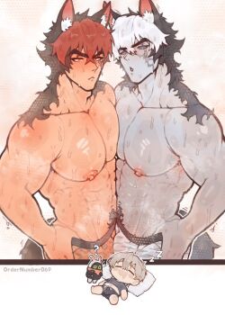  3boys abs adam's_apple animal_ear_fluff animal_ears armpit_crease armpit_hair armpit_hair_peek bara black_hair black_male_underwear blush bulge chibi closed_eyes collarbone colored_skin commentary crossed_bangs dog_boy dog_ears dreaming drooling dual_persona english_commentary erection erection_under_clothes grey_hair grey_skin hair_between_eyes hand_on_own_hip komano_manato komano_manato_(white_heart_silhouette) looking_at_viewer male_focus male_underwear mouth_drool multicolored_hair multiple_boys muscular muscular_male navel neck_hair nipples no_pants open_mouth orange_male_underwear ordernumber069 pectorals pillow red_eyes red_hair scar scar_across_eye scar_on_face shiny_skin short_hair shoulder_hair sweat tail thick_eyebrows topless_male twitter_username underwear wet_dream white_male_underwear yaoi zenless_zone_zero zzz 