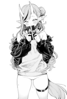  1girl belt blush bottomless commentary_request djheycha gift greyscale highres holding holding_gift hood hoodie horns jacket long_hair looking_at_viewer mole mole_on_thigh monochrome multicolored_hair nijisanji off_shoulder oni open_clothes open_jacket pointy_ears pussy_juice pussy_juice_trail rindou_mikoto rindou_mikoto_(5th_costume) skin-covered_horns skindentation solo tail thigh_belt thigh_strap two-tone_hair valentine virtual_youtuber wavy_hair 