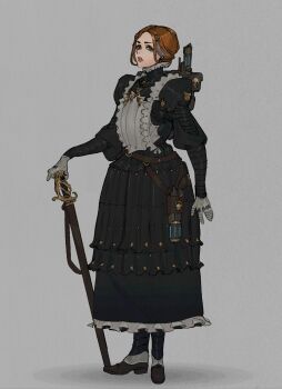  1girl absurdres alternate_costume apron armor armored_dress black_dress brown_hair dress enmaided frilled_apron frills gauntlets green_eyes grey_background gun hairstyle_request highres holding holding_sword holding_weapon looking_at_viewer maid maid_apron ministerovvox original simple_background solo sword warhammer_40k weapon white_apron 