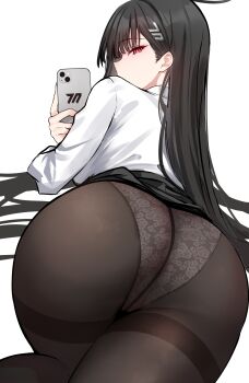 1girl absurdres ass ass_focus black_hair black_pantyhose black_skirt blue_archive blush breasts bright_pupils brown_pantyhose cellphone from_behind hair_ornament hair_spread_out hairclip halo highres holding holding_phone large_breasts long_hair long_sleeves looking_at_viewer looking_back miniskirt panties panties_under_pantyhose pantyhose phone red_eyes ribbed_sweater rio_(blue_archive) shigure_s skirt smartphone solo sweater thighband_pantyhose thighs turtleneck turtleneck_sweater underwear very_long_hair white_panties white_pupils white_sweater rating:Sensitive score:74 user:danbooru