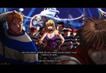 arm_tattoo b._jenet belt blonde_hair blue_eyes bracelet breasts capcom choker cleavage cody_travers crossover dress fatal_fury fatal_fury:_city_of_the_wolves final_fight fingerless_gloves garou:_mark_of_the_wolves gloves gold_bracelet guy_(final_fight) hands_on_own_hips large_breasts long_hair purple_dress raydash30 rose_tattoo snk tattoo the_king_of_fighters