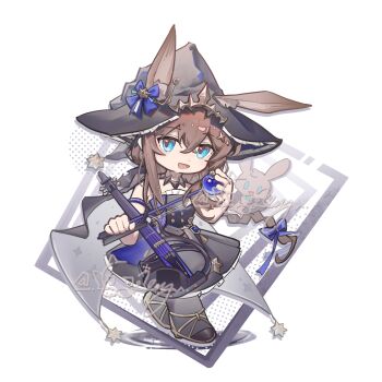  1girl :d amiya_(arknights) amiya_(medic)_(arknights) amiya_(medic)_(solo_around_the_world)_(arknights) animal_ears arknights black_dress black_hat brown_hair chinese_commentary commentary_request commission dress ears_through_headwear hat highres holding holding_instrument instrument long_hair music official_alternate_costume open_mouth playing_instrument rabbit_ears rabbit_girl sha_niba_yu smile solo witch_hat 