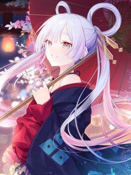  1girl absurdres anllouser bare_shoulders blue_eyes blue_kimono blush cho_kaguya-hime! commentary_request hair_ornament hair_rings hair_stick highres holding holding_umbrella japanese_clothes kimono long_hair looking_at_viewer oil-paper_umbrella purple_nails runami_yachiyo smile sparkle thick_eyebrows twintails two-tone_kimono umbrella upper_body white_background white_hair 