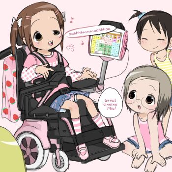  4girls ana_coppola barefoot beamed_eighth_notes black_hair blonde_hair blue_skirt brown_eyes brown_hair closed_eyes diaper eighth_note english_text grey_hair hair_bobbles hair_ornament hairclip highres ichigo_mashimaro indian_style itou_chika lottie_(gravyalloverhim) matsuoka_miu multiple_girls musical_note one_side_up parallel_hairclips pee_pad pink_socks pink_tank_top sakuragi_matsuri short_hair sitting skirt socks speech_bubble striped_clothes striped_socks striped_tank_top tank_top twintails wheelchair yellow_tank_top 