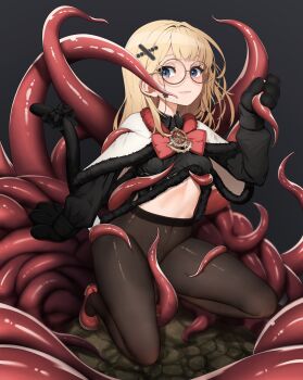  1girl absurdres animal_hands artist_request artistic_error back_bow black_background black_desert_online black_dress black_gloves black_pantyhose black_tail blonde_hair blue_eyes blush bow bowtie brooch capelet cat_tail closed_mouth clothes_lift club_(shape) commission consensual_tentacles covered_navel dress dress_lift eyewear_strap full_body fur-trimmed_capelet fur-trimmed_dress fur_trim glasses gloves grabbing_another's_breast groping hair_ornament highres jewelry long_hair long_sleeves looking_at_viewer pantyhose paw_gloves playing_card_theme puffy_long_sleeves puffy_sleeves red_bow red_bowtie red_shoes round_eyewear second-party_source shai_(black_desert) shoes spade_(shape) squatting stomach tail tail_bow tail_ornament tearing_up tentacle_between_legs tentacle_grab tentacle_pit tentacles white_capelet white_dress wing_collar x_hair_ornament yellow-framed_eyewear 