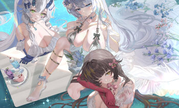  3girls a999212 absurdres arms_under_breasts bare_shoulders black_hair blue_gloves bra breast_rest breasts choker cleavage cocktail detached_sleeves dress elbow_gloves flower frilled_choker frilled_dress frills gemstone_choker gloves green_eyes grey_eyes grey_hair hair_flower hair_ornament hair_ribbon head_on_arm highres huge_breasts in_water jewelry lace lace-trimmed_bra lace_trim large_breasts long_dress long_hair looking_at_viewer multiple_girls necklace one_eye_closed original parted_lips partially_submerged pearl_necklace red_gloves ribbon see-through_clothes sitting smile socks underwear very_long_hair white_dress white_socks yellow_eyes 