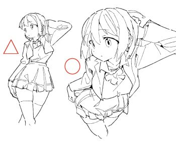  1girl arm_up bow closed_mouth collared_shirt from_above greyscale highres how_to jacket jewelry long_sleeves monochrome multiple_views oekakiism original pleated_skirt shirt skirt standing thighhighs 