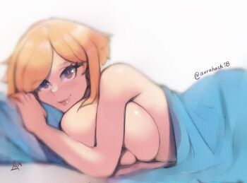  1girl aleixa_(aurahack) aurahack bed_sheet breasts brown_eyes deep_skin eyelashes highres huge_breasts lips looking_at_viewer lying naked_sheet nude on_stomach orange_hair original pillow short_hair sideboob smile swept_bangs  rating:Questionable score:70 user:danbooru