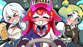  >_< 3girls :o =_= alcohol bare_shoulders beer_mug berrycrepe black_gloves blue_hair blush breasts briar_borealis brown_gloves brown_mow cheriiart cleavage closed_eyes commentary cup double_bun driving drunk drunk_driving elbow_gloves english_commentary eyelashes fingerless_gloves gloves gradient_hair green_eyes green_hair hair_bun hat holding holding_cup indie_virtual_youtuber long_hair midriff mug multicolored_hair multiple_girls official_art open_mouth outline pheromoan pink_hat puffy_short_sleeves puffy_sleeves red_hair second-party_source short_hair short_sleeves single_sleeve smile teeth tentacle_hair trucker vehicle_interior video_thumbnail virtual_youtuber white_hair white_outline youtube_video_thumbnail 