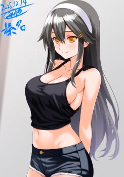  1girl arms_behind_back black_hair black_shirt breasts cleavage commentary_request cowboy_shot dated denim denim_shorts engo_(aquawatery) grey_background hair_ornament hairband hairclip haruna_(kancolle) kantai_collection large_breasts long_hair midriff navel shirt short_shorts shorts signature sleeveless sleeveless_shirt smile solo tank_top 