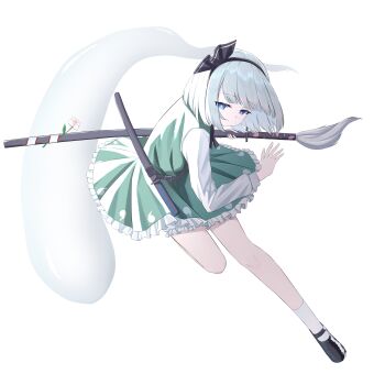  16sanrach 1girl absurdres black_hairband black_shoes blue_eyes commentary flower frilled_skirt frills full_body green_skirt green_vest grey_hair hairband highres hitodama hitodama_print katana konpaku_youmu konpaku_youmu_(ghost) looking_at_viewer medium_hair multiple_swords sheath sheathed shoes simple_background skirt skirt_set socks solo sword touhou vest weapon white_background white_socks 