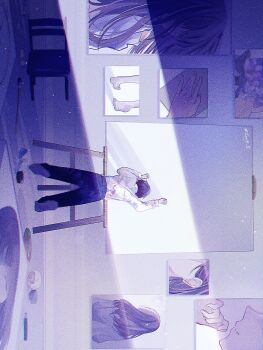  1other ambiguous_gender black_hair canvas_(object) chair character_request check_copyright clenched_hand collared_shirt commentary_request copyright_request crack_of_light easel film_grain hand_up highres kneeling light_particles original oversized_object paintbrush painting_(object) shirt shirt_tucked_in short_hair sideways solo white_shirt yuragi96 