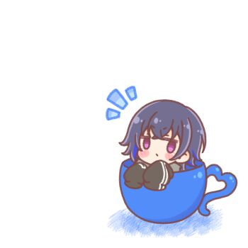  1girl black_jacket blue_hair blush_stickers chibi closed_mouth colored_shadow commentary_request cup empty_eyes highres ichinose_uruha in_container in_cup jacket long_sleeves looking_at_viewer mitarashi_neko notice_lines puffy_long_sleeves puffy_sleeves purple_eyes shadow simple_background sleeves_past_fingers sleeves_past_wrists solo virtual_youtuber vspo! white_background 