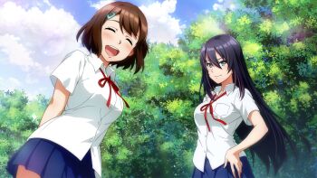 2girls aoi_misa black_hair blue_eyes blue_skirt blue_sky blush breast_pocket breasts brown_hair buttons closed_eyes closed_mouth cloud cloudy_sky cowboy_shot day double-parted_bangs game_cg hair_between_eyes hand_on_own_hip highres kandagawa_jet_girls long_hair looking_at_viewer medium_breasts multicolored_hair multiple_girls namiki_rin naruko_hanaharu non-web_source official_art open_mouth outdoors pocket purple_hair red_ribbon ribbon school_uniform shirt short_hair short_sleeves skirt sky smile streaked_hair teeth tree two-tone_hair upper_teeth_only white_shirt 