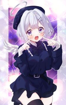  1girl belt beret black_bow black_bowtie blue_dress blue_hat bow bowtie cheek_poking commission dress feathered_wings grey_hair halo hat highres index_finger_raised indie_virtual_youtuber long_sleeves looking_at_viewer mini_wings open_mouth poking purple_eyes short_hair skeb_commission solo thighhighs udonouo upper_body virtual_youtuber white_wings wings yumemi_rurua_(vtuber) zettai_ryouiki 