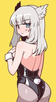  1girl absurdres animal_ears bare_back black_leotard black_pantyhose blue_eyes commentary_request copyright_request embarrassed expressionless fake_tail from_behind grey_hair highres leotard long_hair looking_back nikukabe pantyhose playboy_bunny rabbit_tail simple_background solo tail white_wrist_cuffs wrist_cuffs yellow_background 