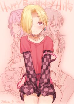  3girls blonde_hair blush commentary_request dress grey_hair grin happy_birthday hoshi_syoko idolmaster idolmaster_cinderella_girls kawaii_boku_to_142's_(idolmaster) koshimizu_sachiko long_hair looking_at_viewer multiple_girls one_eye_closed purple_hair sakaki_imasato sharp_teeth shirasaka_koume short_hair sitting skirt sleeves_past_fingers sleeves_past_wrists smile teeth thighhighs zettai_ryouiki 