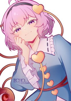  1girl ahoge black_hairband blush closed_mouth commentary commission echoneechan english_commentary hairband heart highres komeiji_satori long_sleeves looking_at_viewer pink_hair short_hair signature simple_background solo third_eye touhou upper_body white_background 