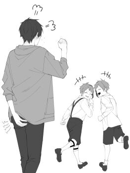  3boys absurdres aged_down child closed_eyes commentary_request facing_back floyd_leech full_body greyscale hand_on_own_ass highres jacket jade_leech male_focus monochrome multiple_boys running sharp_teeth shirt_tug short_hair shorts siblings simple_background ss023xx standing suspenders teeth twins twisted_wonderland white_background yuu_(twisted_wonderland) 