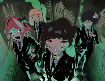  4boys animal_ears astolfo_(fate) black_hair blonde_hair braid braided_ponytail bridget_(guilty_gear) cat_boy cat_ears elevator fate/apocrypha fate_(series) formal_clothes genshin_impact graffiti guilty_gear highres iyarin iyarin_(iyarinny) multiple_boys original pink_hair suit tagme trap venti_(genshin_impact)  rating:General score:16 user:Nightfall_Yeh