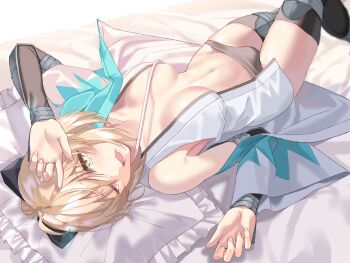 1girl ahoge armor black_thighhighs blonde_hair breasts breasts_apart bridal_gauntlets commentary fate/grand_order fate_(series) female_focus haori highres japanese_armor japanese_clothes kimono koha-ace kote lower_teeth_only lying medium_breasts naruse_(0819) navel okita_souji_(fate) okita_souji_(koha-ace) on_back on_bed open_clothes open_kimono open_mouth panties sidelocks single_bare_shoulder solo stomach teeth thighhighs thighs underwear yawning yellow_eyes rating:Sensitive score:36 user:danbooru