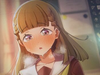  1girl art_program_in_frame blue_dress blush braid brown_hair center-flap_bangs collarbone commentary_request crying crying_with_eyes_open dress hasu_no_sora_school_uniform highres kachimachi_kosuzu link!_like!_love_live! love_live! moire neckerchief nose_blush open_mouth photo_(medium) pink_eyes portrait sailor_collar sailor_dress school_uniform side_braids solo tears virtual_youtuber white_sailor_collar winter_uniform yaa-kun yellow_neckerchief 