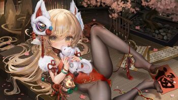  1girl animal animal_ears bell black_pantyhose blonde_hair blush bracelet cameltoe china_dress chinese_clothes chinese_zodiac commentary_request dress feet fh_moya fox fox_ears fox_mask full_body hair_between_eyes hair_ornament highres holding holding_animal indoors jewelry jingle_bell knee_up legs leotard loli long_hair looking_at_viewer lying mask mask_on_head nail_polish no_shoes on_back original pantyhose red_dress red_leotard scroll soles solo spread_legs tassel thick_eyebrows toes very_long_hair yellow_eyes 