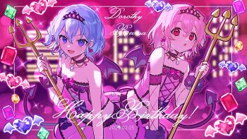  1boy 1girl :d :o bare_shoulders barefoot black_choker blue_eyes blue_hair blurry blurry_background braid brother_and_sister character_name choker commentary_request cowboy_shot demon_tail demon_wings dorothy_west earrings gem green_gem happy_birthday highres holding holding_polearm holding_weapon jewelry looking_at_viewer mole mole_under_eye morihayashi open_mouth pink_eyes pink_hair pink_shirt pink_skirt pleated_skirt polearm pretty_series pripara purple_gem reona_west shirt short_hair siblings side_braid skirt smile strapless strapless_shirt tail tiara trap trident twins weapon wings 