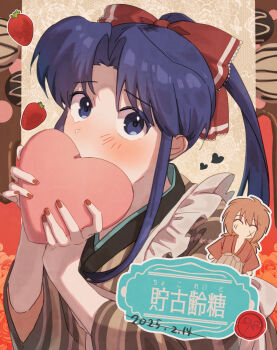  1boy 1girl absurdres apron blue_eyes blue_hair blush brown_kimono chibi chibi_inset chocolate closed_eyes commentary_request covering_own_mouth cross_scar dated facial_scar food frilled_apron frills fruit hair_intakes hair_ribbon hakama hakama_pants heart high_ponytail highres himura_kenshin holding holding_heart japanese_clothes kamiya_kaoru kimono long_hair looking_at_viewer nail_polish nasubi_(user_agpx4547) orange_hair pants parted_bangs ponytail red_kimono red_nails red_ribbon ribbon rurouni_kenshin scar scar_on_cheek scar_on_face sidelocks strawberry striped_clothes striped_kimono translation_request upper_body valentine vertical-striped_clothes vertical-striped_kimono white_apron 