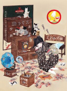 1girl arm_rest babyloncafe bench black_hair blood blood_on_face blunt_bangs bow-shaped_hair box cardboard_cutout cat commentary cutting_board dead_animal drawing_(object) english_commentary expressionless floating from_behind furisode ghost hand_fan head_rest highres japanese_clothes kimono kneeling knife leaning_on_table long_hair looking_at_viewer looking_back mouse_(animal) obi original paper phonograph print_kimono sash triangular_headpiece white_eyes 