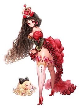  2girls alice_(alice_in_wonderland) alice's_adventures_in_wonderland bad_anatomy bare_shoulders blonde_hair bow breasts brown_hair candlefish closed_eyes crown curly_hair decapitation disembodied_head dress earrings frills gem hair_bow heart high_heels jewelry large_breasts leaning_forward long_hair looking_at_viewer looking_back md5_mismatch multiple_girls no_bra queen_of_hearts_(alice_in_wonderland) red_dress red_eyes red_footwear red_heels shoes simple_background standing thighhighs very_long_hair wavy_hair white_background yukkuri_shiteitte_ne zettai_ryouiki 