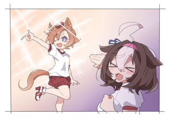  >_< 2girls ;d ahoge animal_ears beer_hsk brown_hair closed_eyes commentary_request crown feet_out_of_frame glint gym_shirt gym_shorts gym_uniform hair_between_eyes hairband high_heels horse_ears horse_girl horse_tail meisho_doto_(umamusume) mini_crown multicolored_hair multiple_girls one_eye_closed open_mouth pink_hairband puffy_short_sleeves puffy_sleeves purple_eyes red_shorts shirt shoes short_hair short_sleeves shorts smile socks sparkle_background standing standing_on_one_leg t.m._opera_o_(umamusume) tail two-tone_hair umamusume white_hair white_shirt white_shoes white_socks 