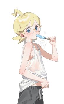  1boy absurdres ahoge alternate_costume blonde_hair blue_eyes breath clemont_(pokemon) food from_side glasses hand_up highres holding hot looking_at_viewer looking_to_the_side male_focus medium_hair nintendo pants pokemon pokemon_xy pokesudal popsicle round_eyewear shirt simple_background sleeveless sleeveless_shirt solo sweat wet wet_clothes wet_shirt white_background 