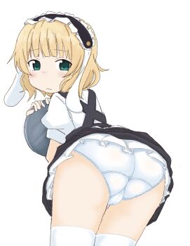  1girl animal_ears ass ass_focus black_dress black_hairband blonde_hair blush cameltoe closed_mouth cowboy_shot dress fake_animal_ears female_focus frilled_hairband frills from_behind gochuumon_wa_usagi_desu_ka? green_eyes hairband hands_up holding holding_tray kirima_syaro leaning_forward loli looking_at_viewer looking_back nose_blush panties pinafore_dress ponnu_(tnpn2yw) puffy_short_sleeves puffy_sleeves rabbit_ears shirt short_dress short_hair short_sleeves sidelocks simple_background sleeveless sleeveless_dress solo standing thighhighs thighs tray underwear white_background white_panties white_shirt white_thighhighs 