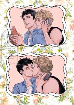  2boys 8oslz9hhty7315 arm_up black_hair black_shirt blonde_hair blue_eyes blue_shirt book brown_eyes cellphone collared_shirt commentary_request head_on_another's_shoulder heated_rivalry highres holding holding_book holding_phone ilya_rozanov kiss looking_at_another looking_back looking_to_the_side male_focus multiple_boys open_book open_clothes open_mouth open_shirt phone sequential shane_hollander shirt tank_top watermark wavy_hair white_shirt wing_collar yaoi 