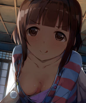 1girl :q areola_slip backlighting blunt_bangs blush breasts brown_eyes brown_hair camisole closed_mouth collarbone commentary_request day downblouse drawstring dutch_angle female_focus highres idolmaster idolmaster_cinderella_girls indoors jacket kitami_yuzu leaning_forward long_hair looking_at_viewer matching_hair/eyes medium_breasts no_bra purple_camisole seneto sidelocks smile solo striped_clothes striped_jacket tongue tongue_out v-shaped_eyebrows rating:Questionable score:186 user:danbooru